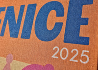 Text 'VENICE 2025' on a brown background with abstract shapes.