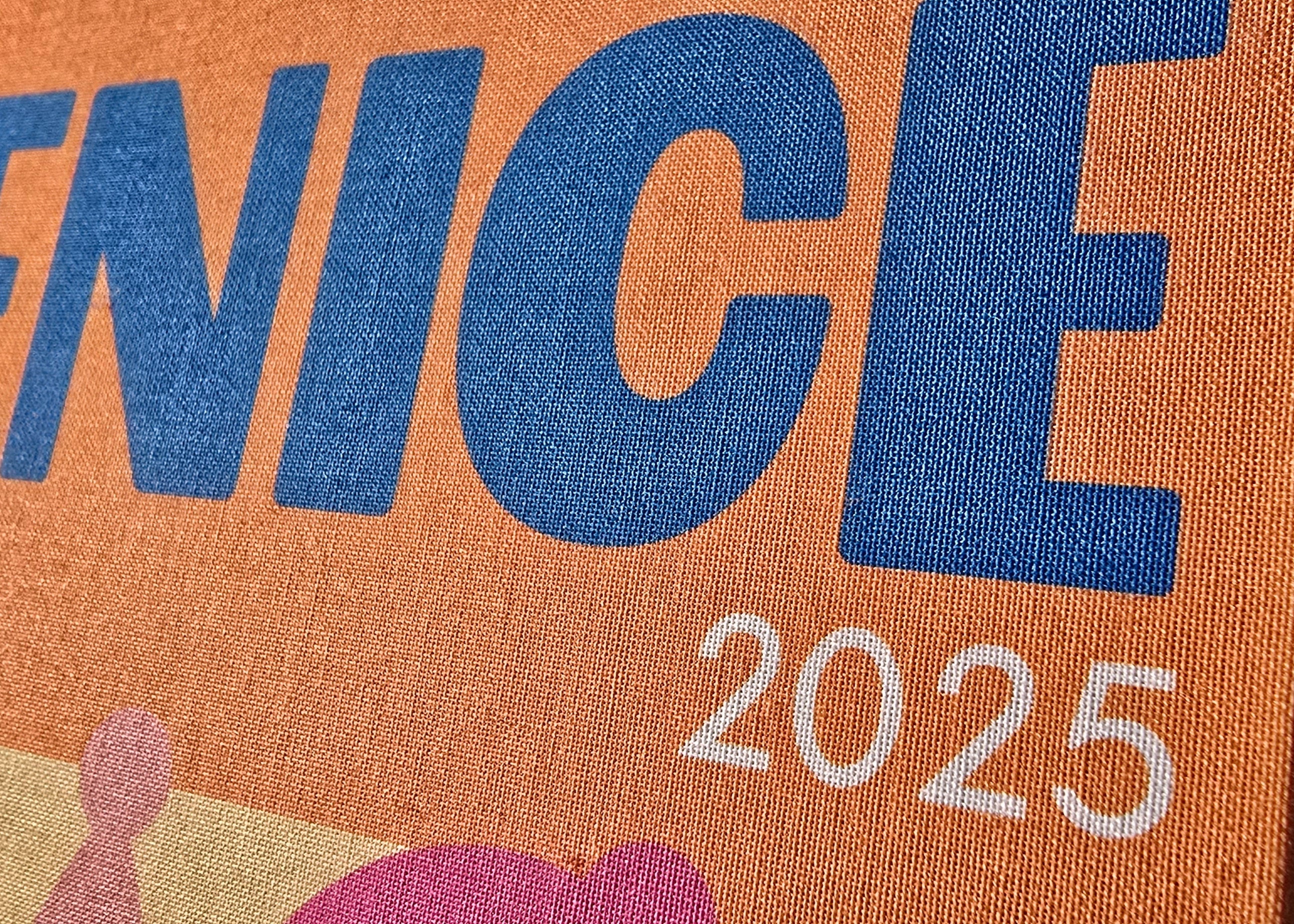 Text 'VENICE 2025' on a brown background with abstract shapes.