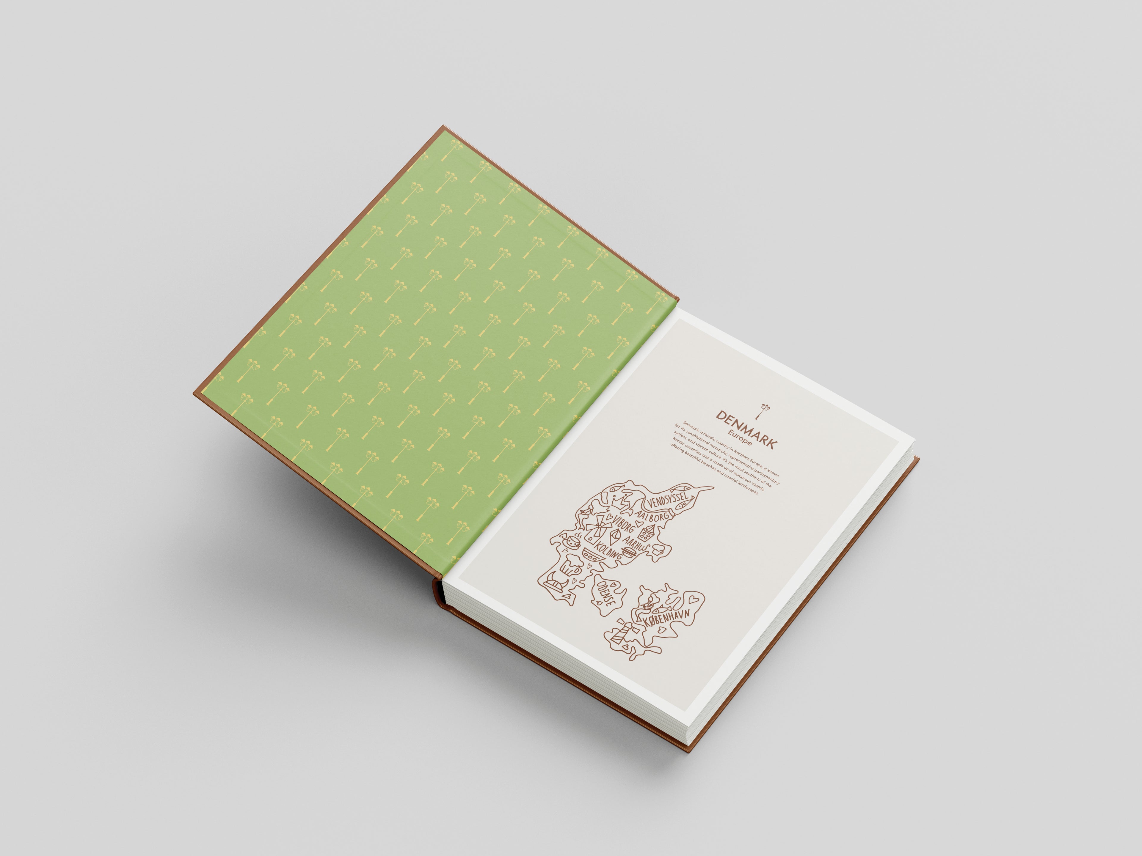 Open book with green cover and white pages on a light gray background