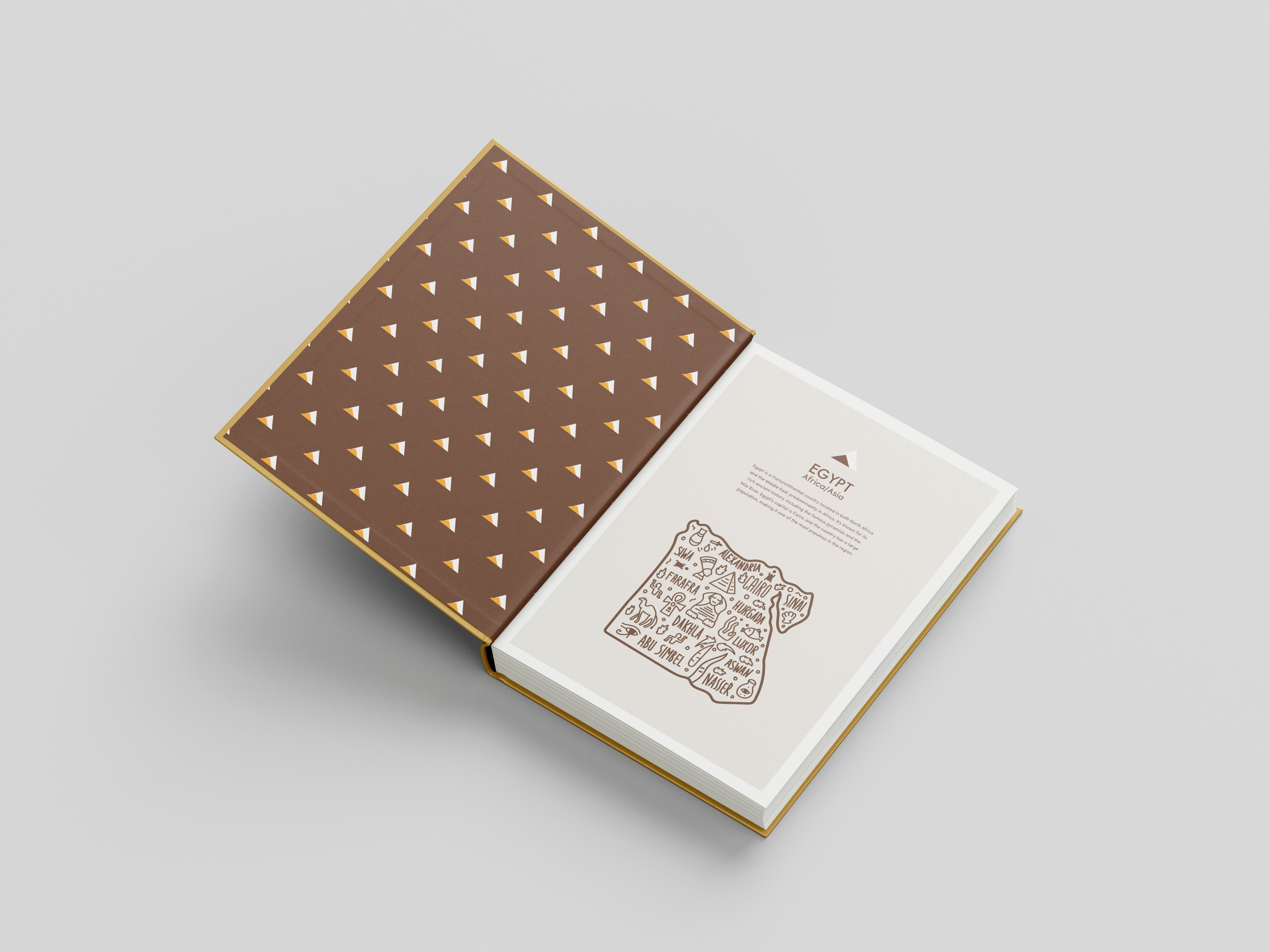 Book with brown patterned cover and white interior on a gray background