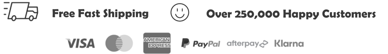 Logos of free fast shipping, a smiley face, and payment methods on a black background