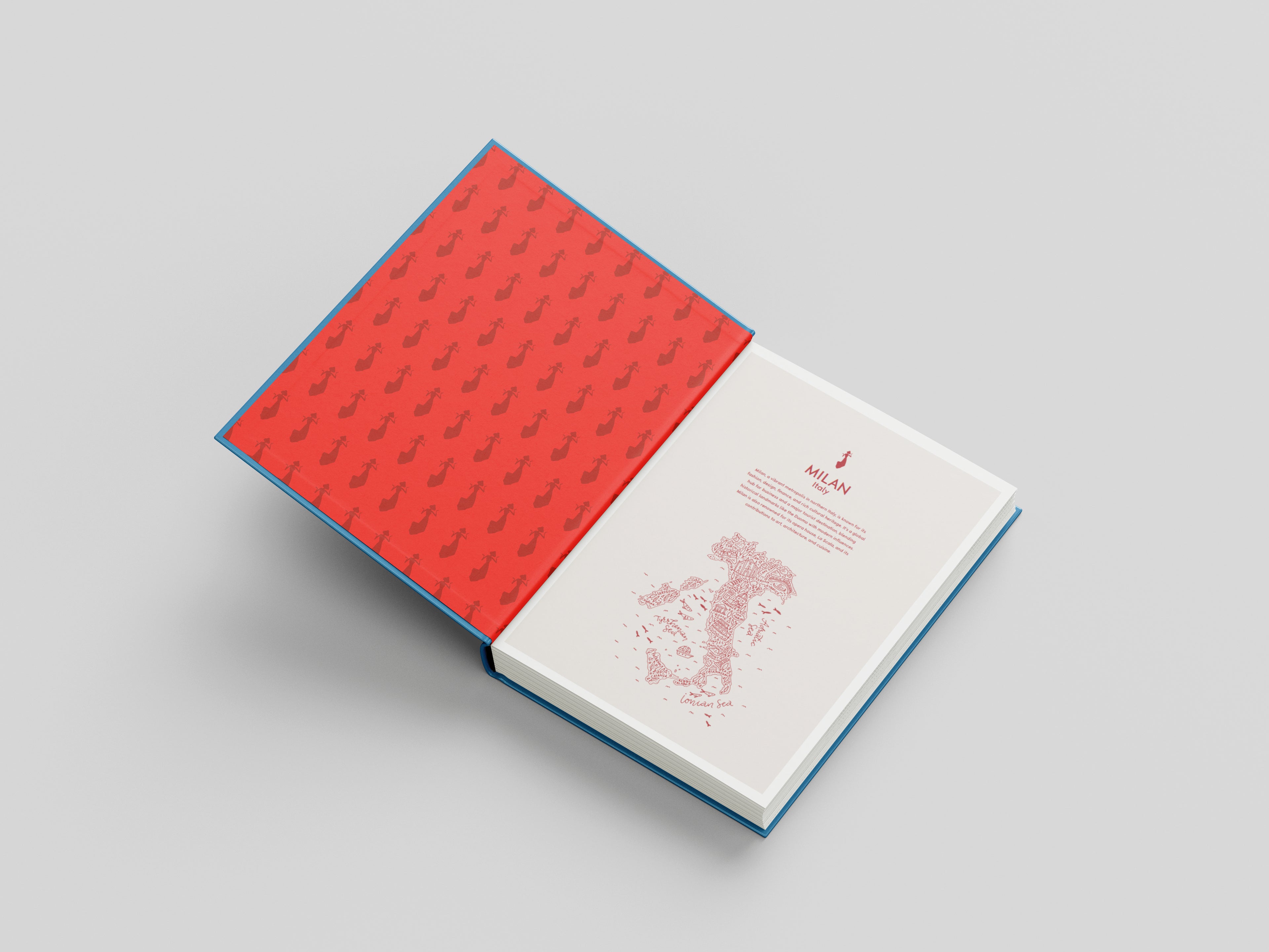 Open book with red interior pages on a gray background