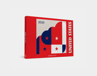 Red and white calendar for 2025 with abstract design and United States text on a light gray background