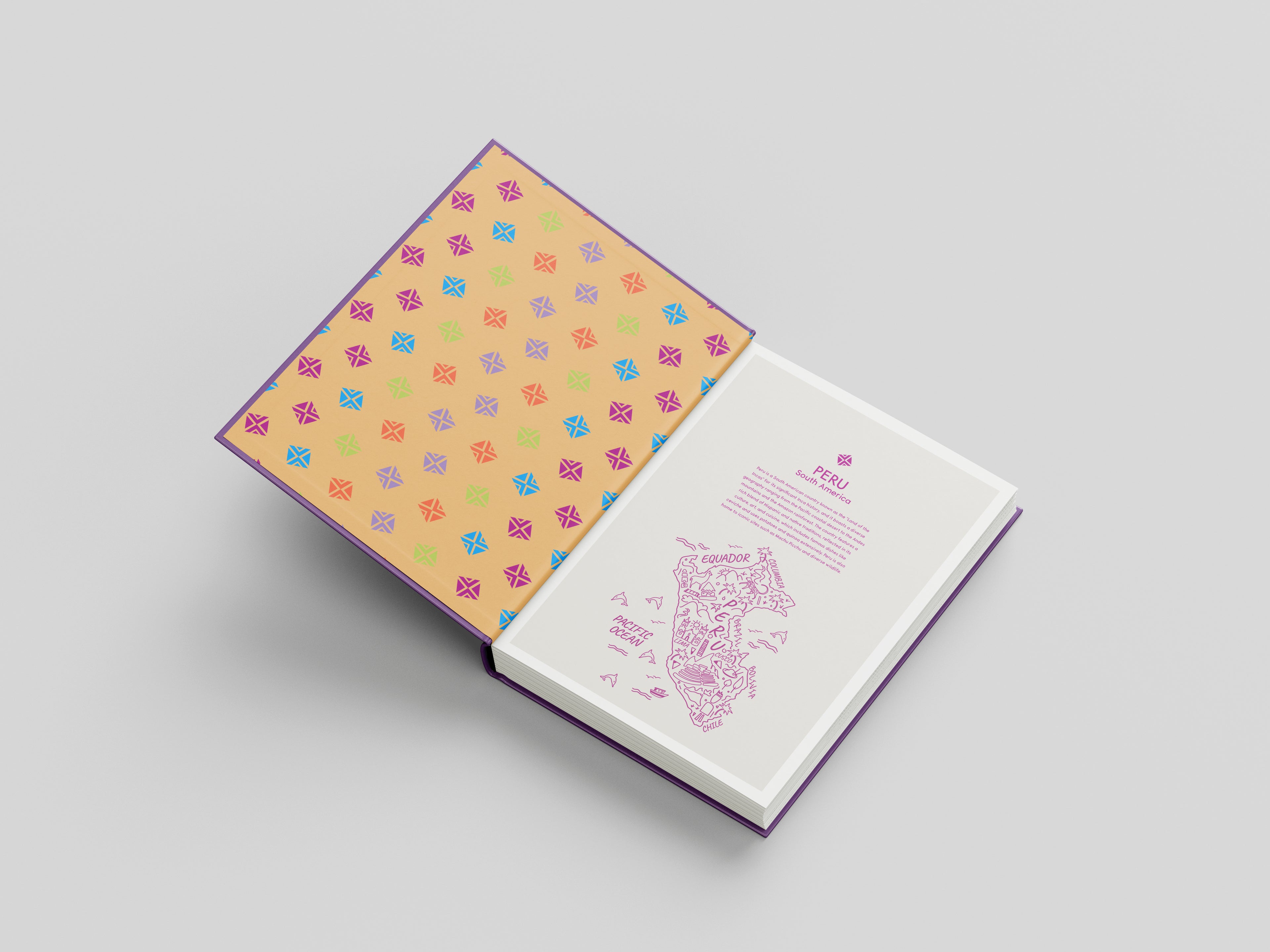 Open book with decorative cover on a light gray background