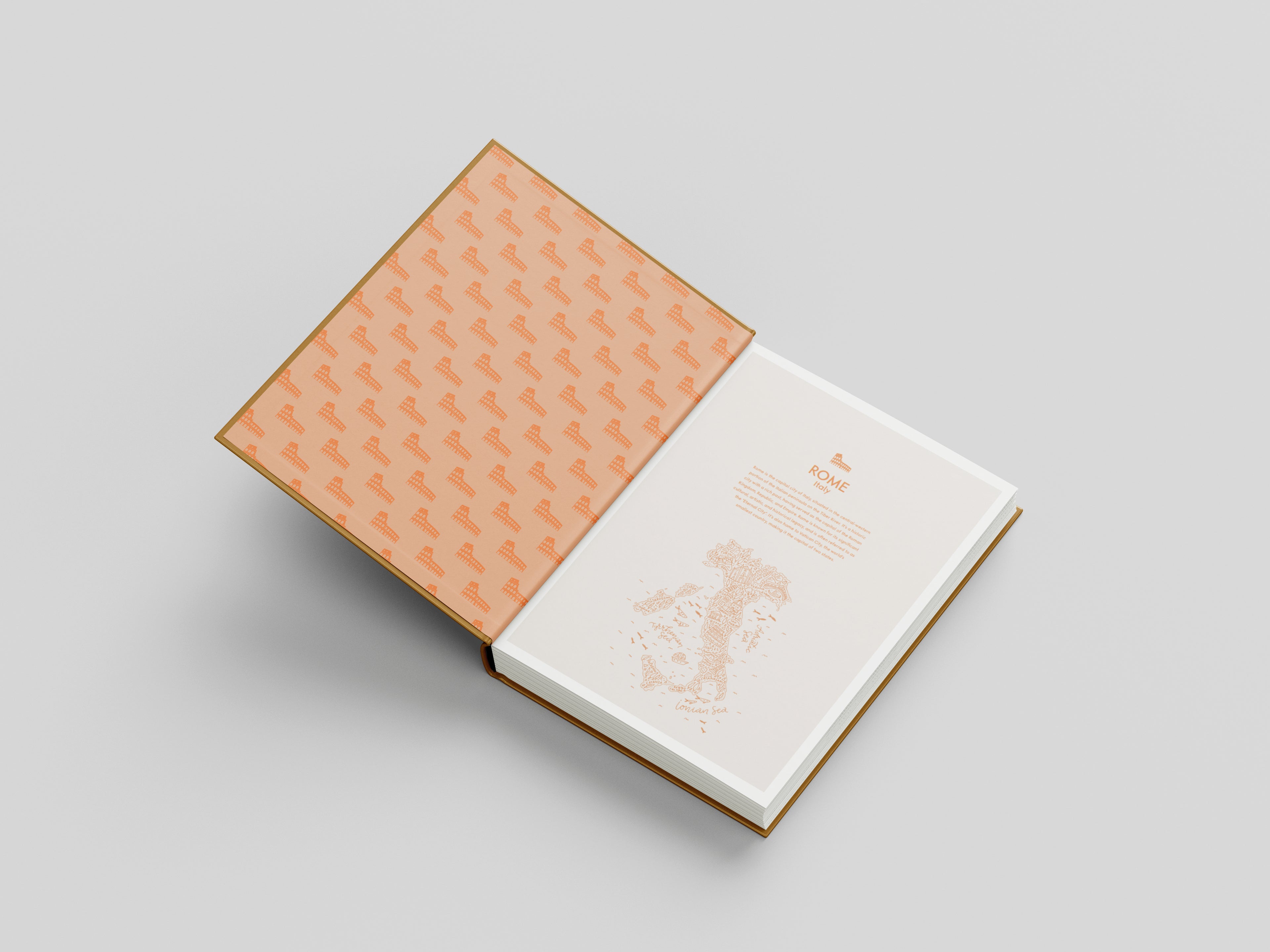 Book with textured peach cover and white pages on a light gray background