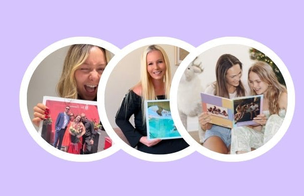Three women holding photo books on a purple background