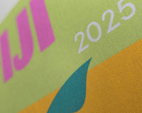 Colorful fabric with '2025' printed on it