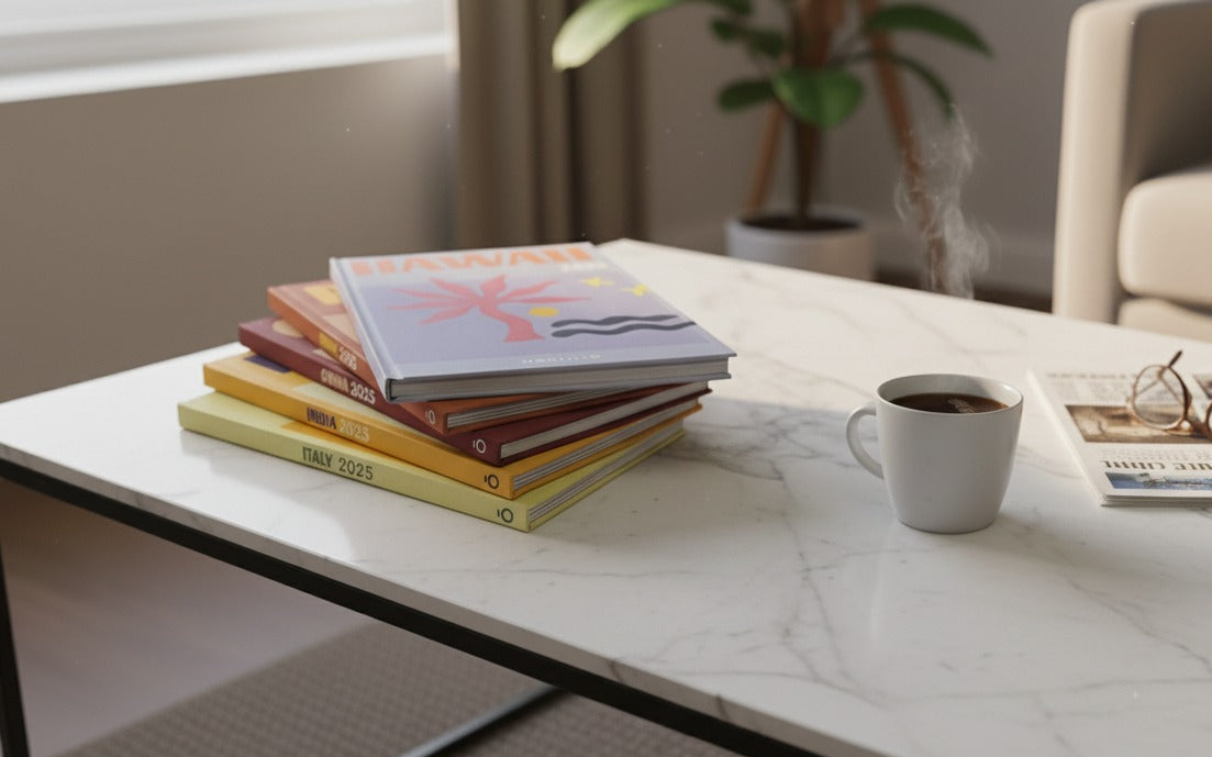Stack of books and a coffee cup on a marble table with a plant and chair in the background