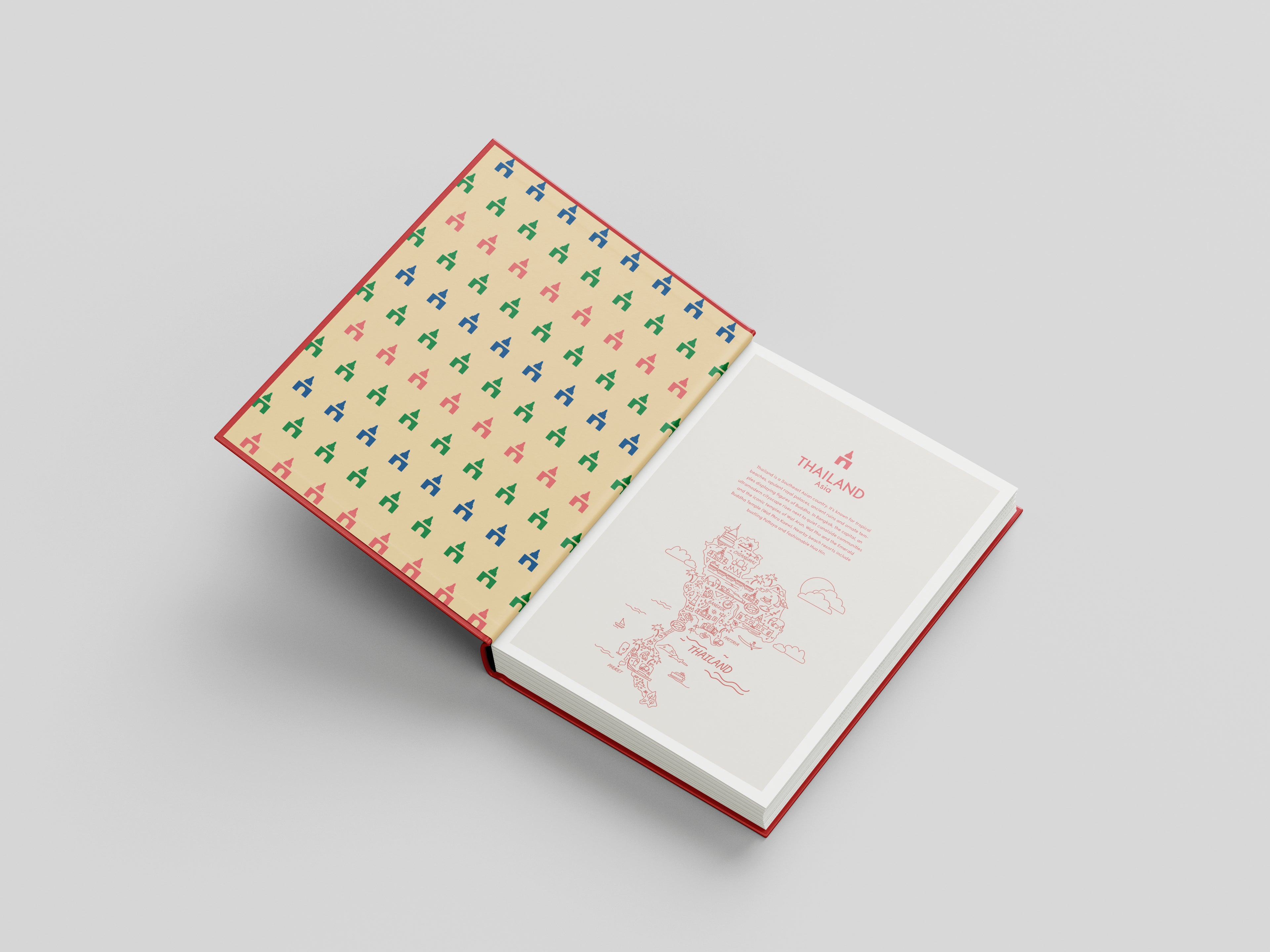 Open book with one page featuring a colorful pattern and the other with text on a light gray background