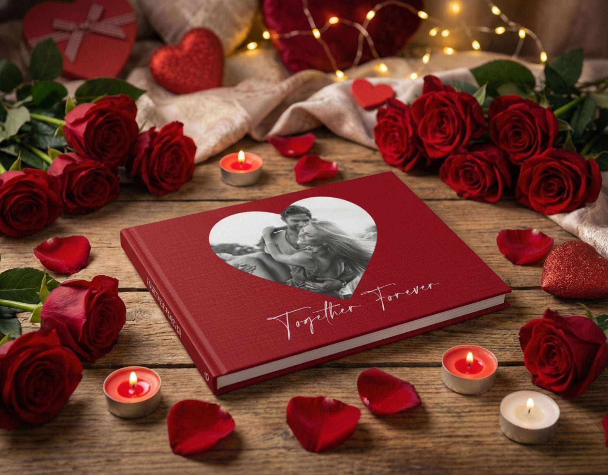 Red photo album with 'Together Forever' text surrounded by red roses and candles on a wooden surface.