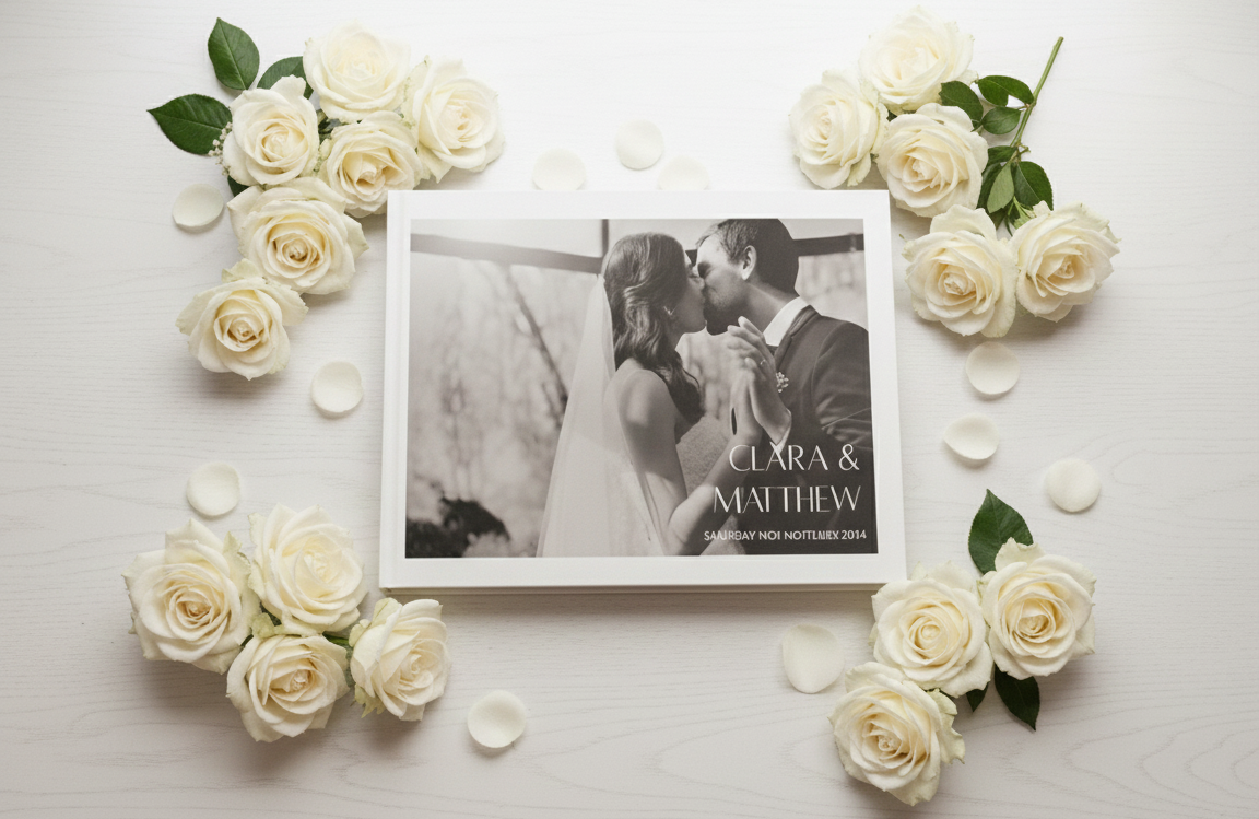 Framed photo of a couple with white roses around on a light background