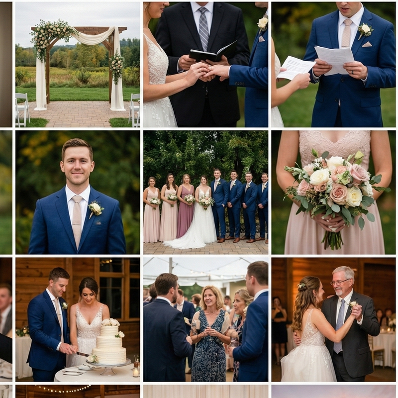 Collage of wedding photos including bride and groom, reception scenes, and outdoor settings.